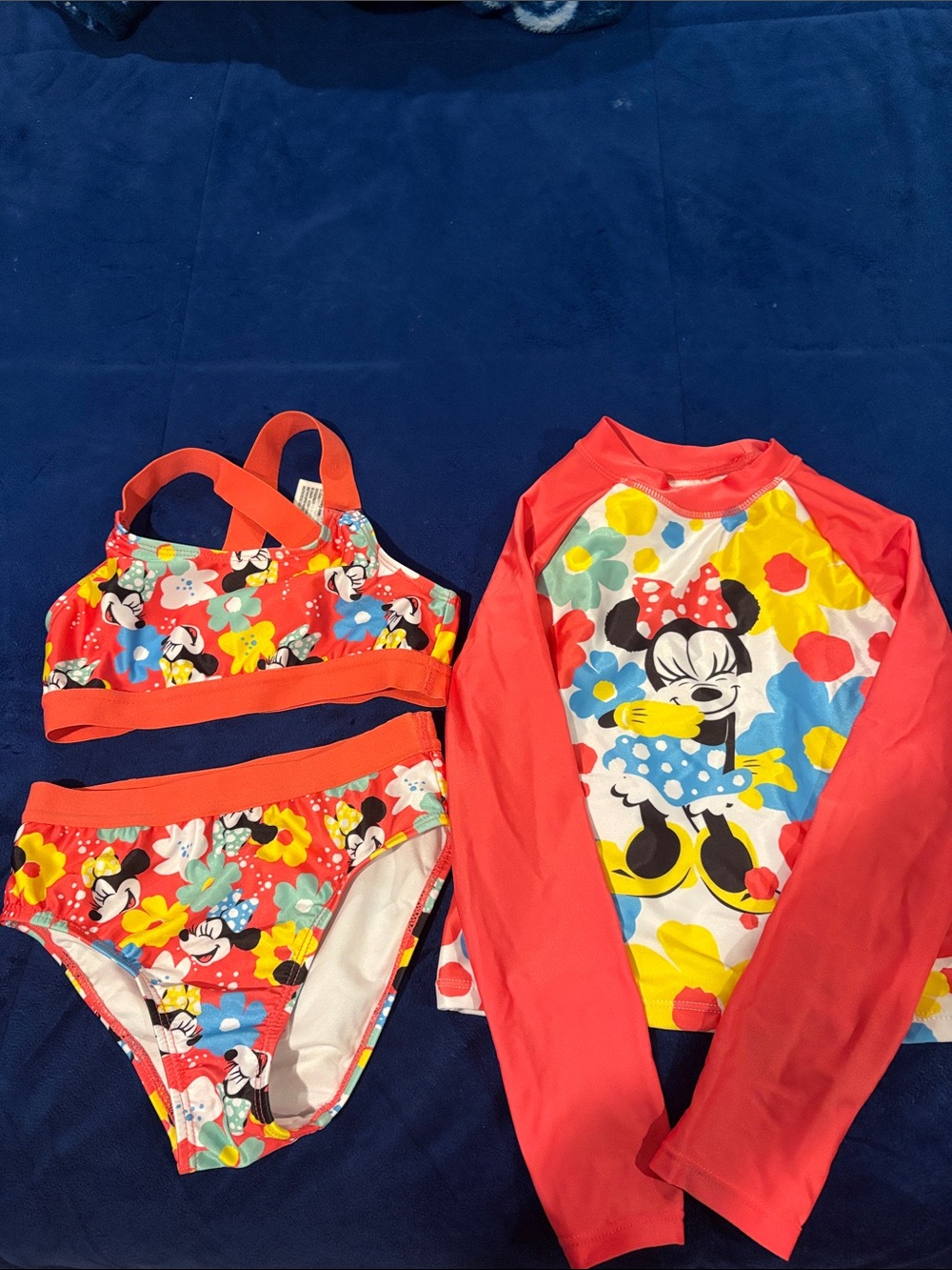 Disney Girls' Red Minnie Mouse Floral Bikini Set with Rash Guard